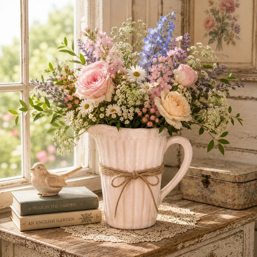 Vintage Pink Ceramic Pitcher Pearlescent Vase Crock Cottage Farmhouse Decor